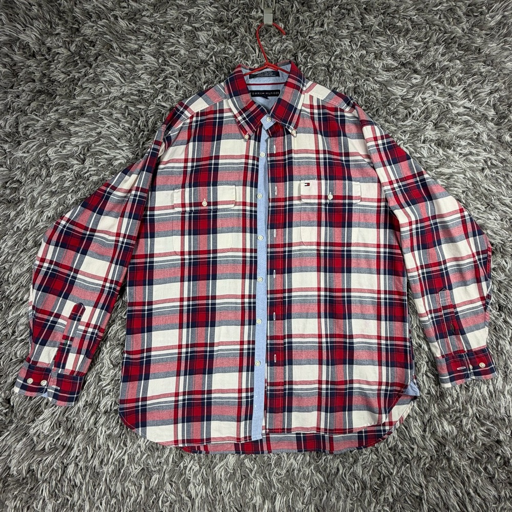 Tommy Hilfiger Mens Large Plaid Button Down Shirt Red White Blue Cotton L Shirt